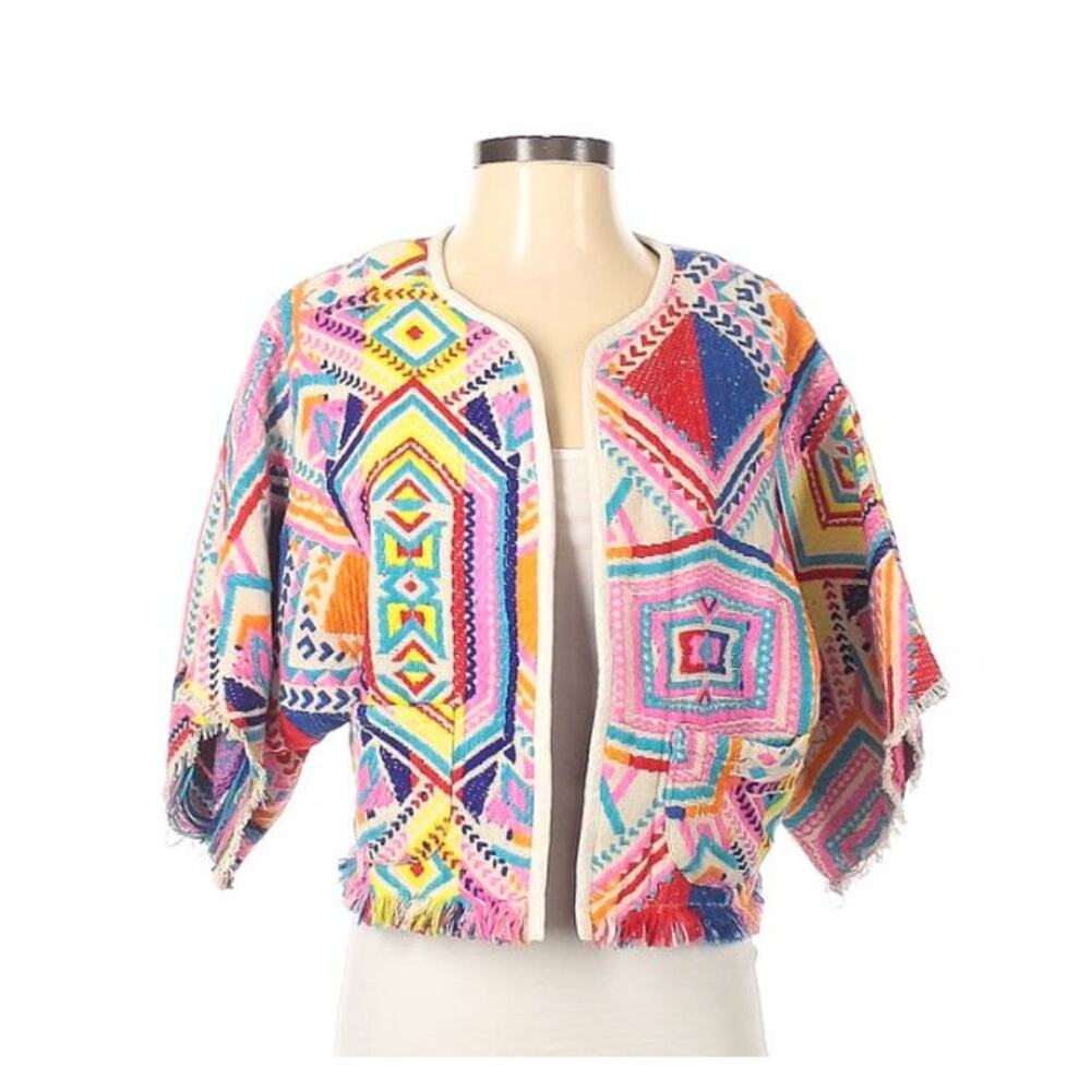 Anthropologie dRA Castilla Geometric Kimono Jacket Woven Blanket Fringe Small